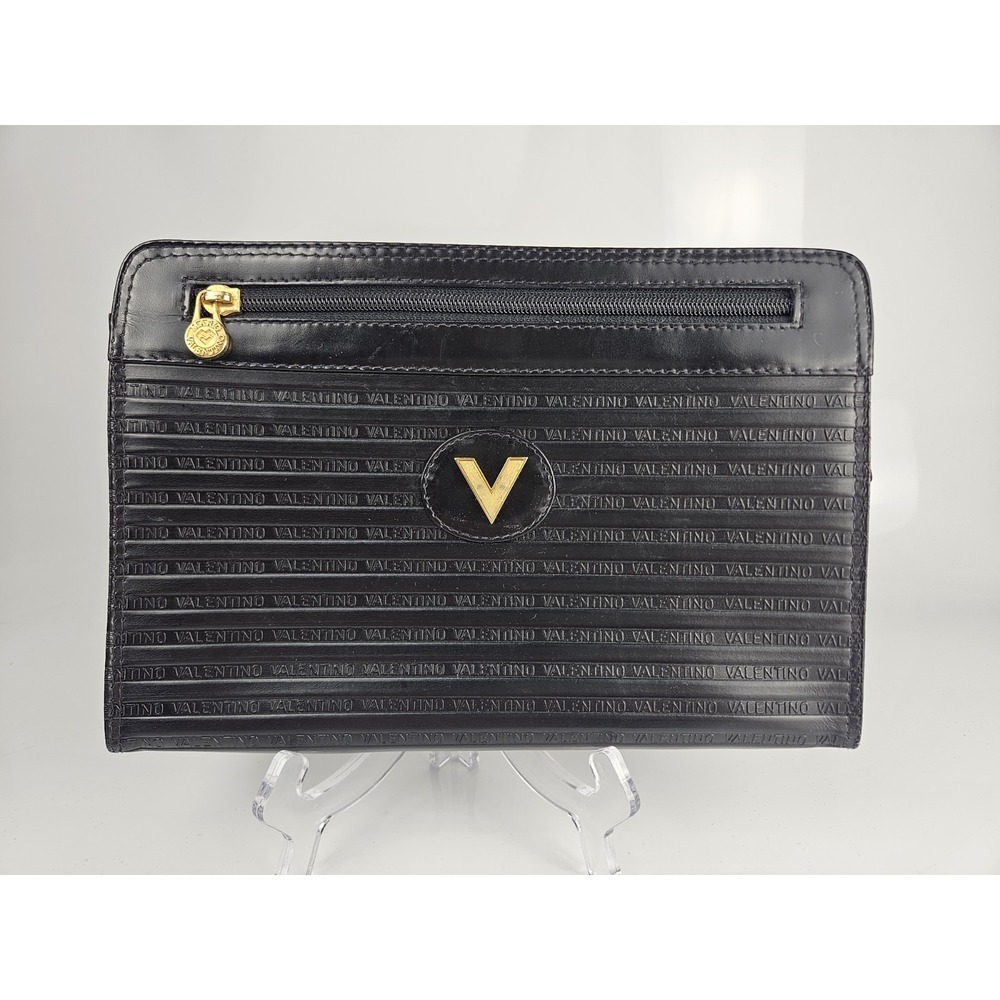 Valentino by‎ Mario Valentino V Logo Signature Black Leather Clutch Bag